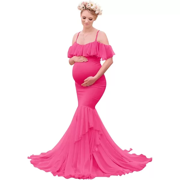 Women Ruffle Chiffon Off Shoulder Maternity Dress for Photography Baby Shower Flounce Maxi Mermaid Gown for PhotoshootHot Pink