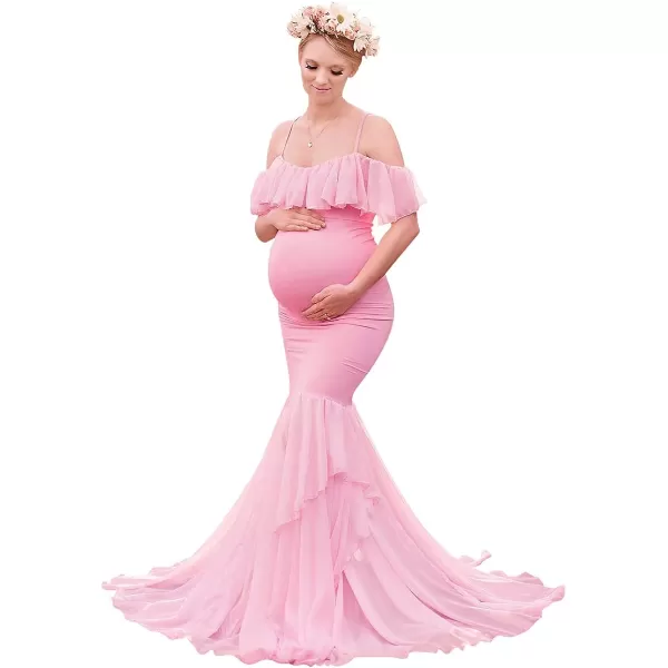 Women Ruffle Chiffon Off Shoulder Maternity Dress for Photography Baby Shower Flounce Maxi Mermaid Gown for PhotoshootPink