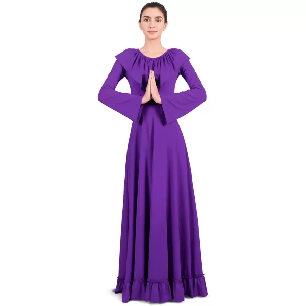 Women Solid Flounce Ruffle Bell Long Sleeve Praise Dance Dress Liturgical Lyrical Dancewear Swing Gowns Worship CostumeWomen Solid Flounce Ruffle Bell Long Sleeve Praise Dance Dress Liturgical Lyrical Dancewear Swing Gowns Worship Costume