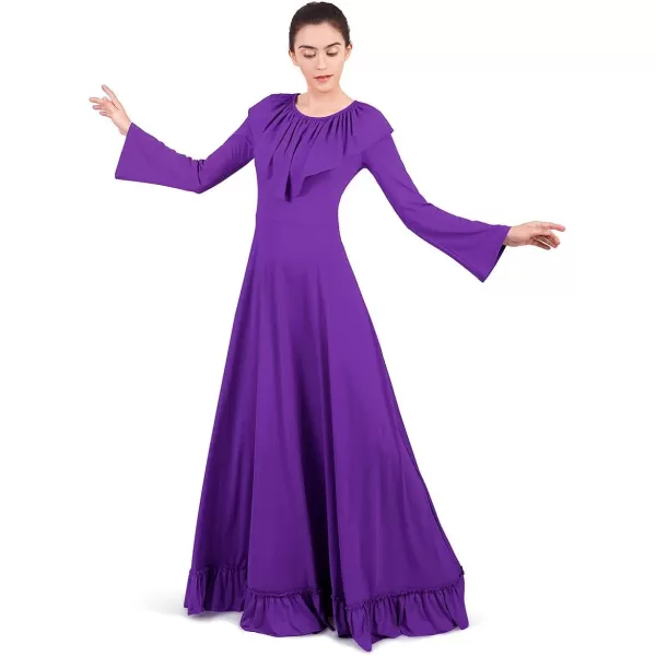 Women Solid Flounce Ruffle Bell Long Sleeve Praise Dance Dress Liturgical Lyrical Dancewear Swing Gowns Worship CostumeWomen Solid Flounce Ruffle Bell Long Sleeve Praise Dance Dress Liturgical Lyrical Dancewear Swing Gowns Worship Costume