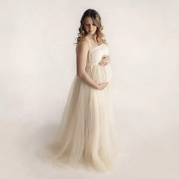 Womens Convertible Multi Way Wrap Tulle Maternity Dress Fit Maxi Off Shoulder Evening Gown for Photoshoot Baby ShowerBeige