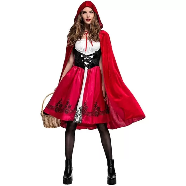 Womens Little Red Riding Hood Costume Halloween Christmas Party Dresses with Hooded Cloak Long Velvet Cape Outfit SetWomens Little Red Riding Hood Costume Halloween Christmas Party Dresses with Hooded Cloak Long Velvet Cape Outfit Set