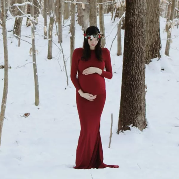 Womens Long Sleeve Maternity Dress Elegant Fitted Gown Slim Fit Maxi Photography Dress for Baby Shower Photo ShootWine Red