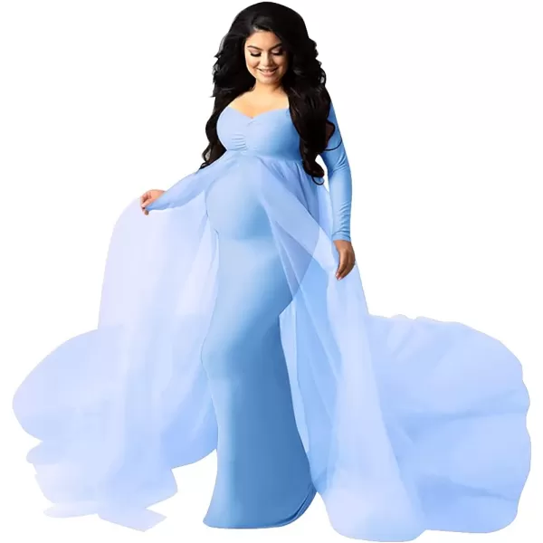 Womens Long Sleeve Off Shoulder Maternity Maxi Photography Dress Tulle Wedding Mermaid Gown for Photoshoot Baby ShowerBlue