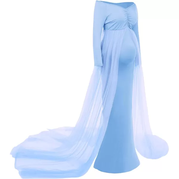 Womens Long Sleeve Off Shoulder Maternity Maxi Photography Dress Tulle Wedding Mermaid Gown for Photoshoot Baby ShowerBlue