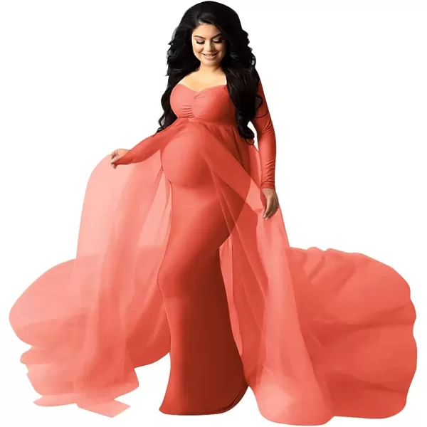 Womens Long Sleeve Off Shoulder Maternity Maxi Photography Dress Tulle Wedding Mermaid Gown for Photoshoot Baby ShowerDark Red