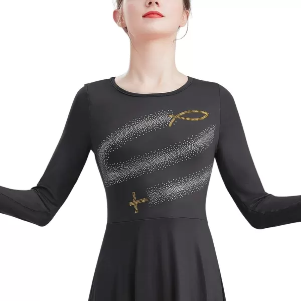 Womens Metallic Jesus Fish Cross Praise Dance Dress Hot Drilling Liturgical Lyrical Dancewear Long Sleeve Worship DressBlack