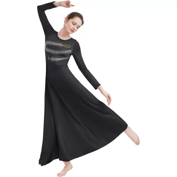 Womens Metallic Jesus Fish Cross Praise Dance Dress Hot Drilling Liturgical Lyrical Dancewear Long Sleeve Worship DressBlack