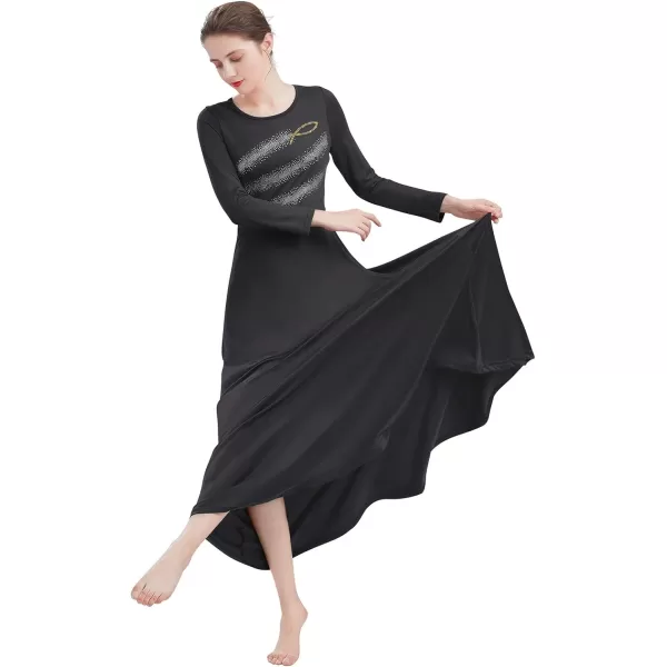 Womens Metallic Jesus Fish Cross Praise Dance Dress Hot Drilling Liturgical Lyrical Dancewear Long Sleeve Worship DressBlack