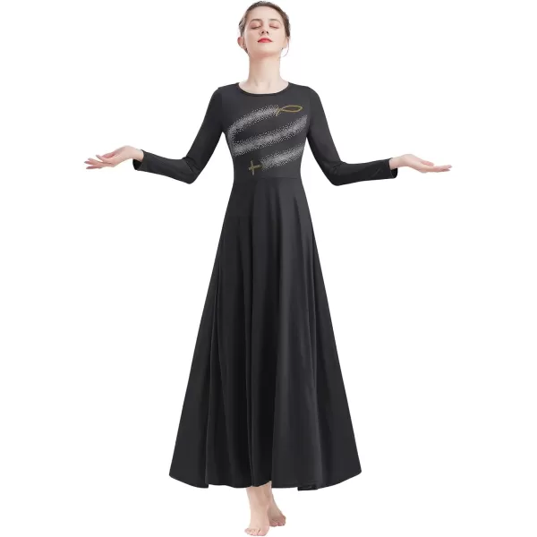 Womens Metallic Jesus Fish Cross Praise Dance Dress Hot Drilling Liturgical Lyrical Dancewear Long Sleeve Worship DressBlack