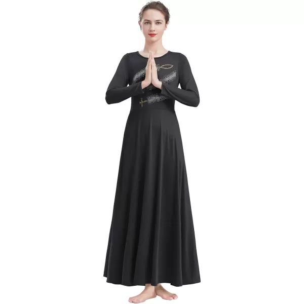 Womens Metallic Jesus Fish Cross Praise Dance Dress Hot Drilling Liturgical Lyrical Dancewear Long Sleeve Worship DressBlack