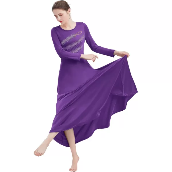 Womens Metallic Jesus Fish Cross Praise Dance Dress Hot Drilling Liturgical Lyrical Dancewear Long Sleeve Worship DressPurple