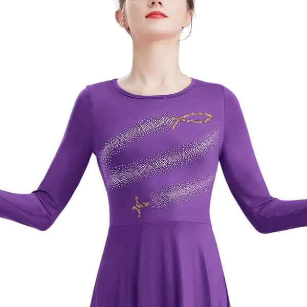 Womens Metallic Jesus Fish Cross Praise Dance Dress Hot Drilling Liturgical Lyrical Dancewear Long Sleeve Worship DressPurple