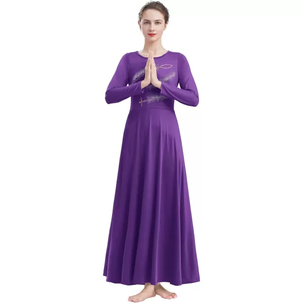 Womens Metallic Jesus Fish Cross Praise Dance Dress Hot Drilling Liturgical Lyrical Dancewear Long Sleeve Worship DressPurple