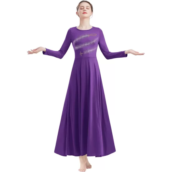 Womens Metallic Jesus Fish Cross Praise Dance Dress Hot Drilling Liturgical Lyrical Dancewear Long Sleeve Worship DressPurple