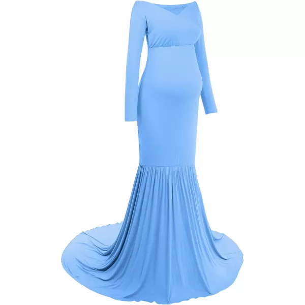 Womens Off Shoulder Long Sleeve Maternity Gown Mermaid Maxi Photography Dress for Baby Shower Photo Props DressBlue