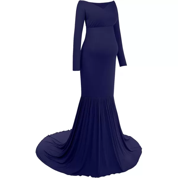 Womens Off Shoulder Long Sleeve Maternity Gown Mermaid Maxi Photography Dress for Baby Shower Photo Props DressNavy Blue