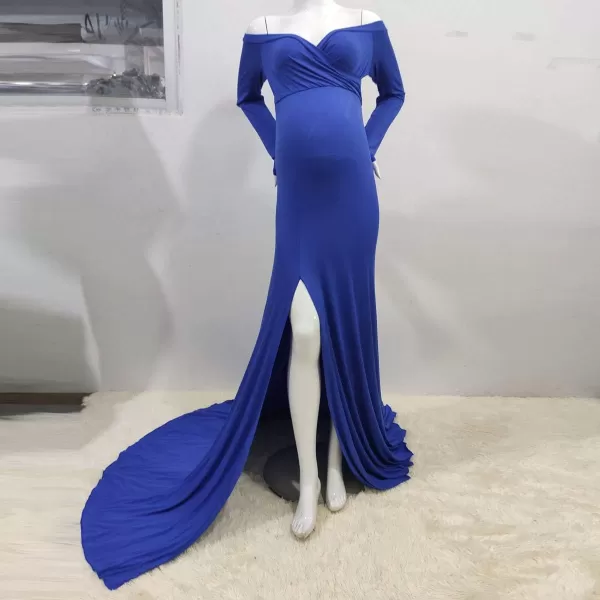 Womens Off Shoulder Maternity Dress CrossFront V Neck Sleeveless Casual Photography Maxi Split Gown for PhotoshootDark Blue Long Sleeve