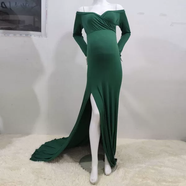 Womens Off Shoulder Maternity Dress CrossFront V Neck Sleeveless Casual Photography Maxi Split Gown for PhotoshootDark Green Long Sleeve