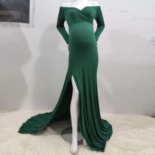 Womens Off Shoulder Maternity Dress CrossFront V Neck Sleeveless Casual Photography Maxi Split Gown for PhotoshootDark Green Long Sleeve