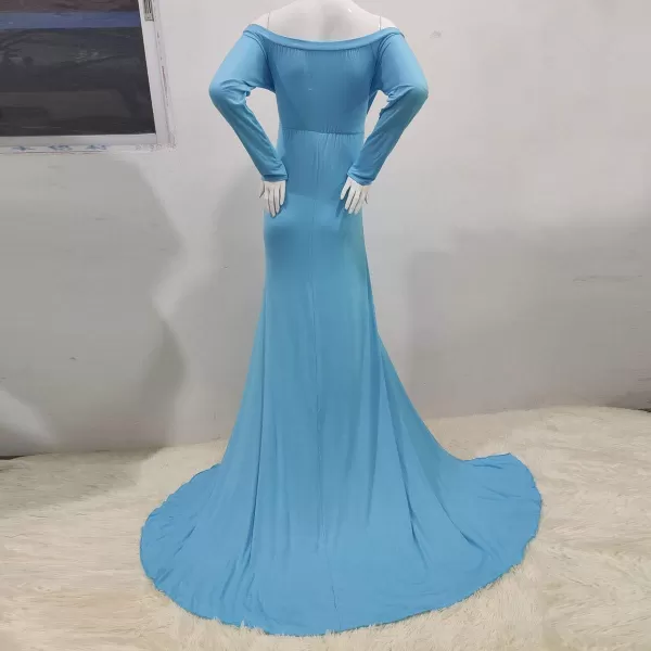 Womens Off Shoulder Maternity Dress CrossFront V Neck Sleeveless Casual Photography Maxi Split Gown for PhotoshootLight Blue Long Sleeve