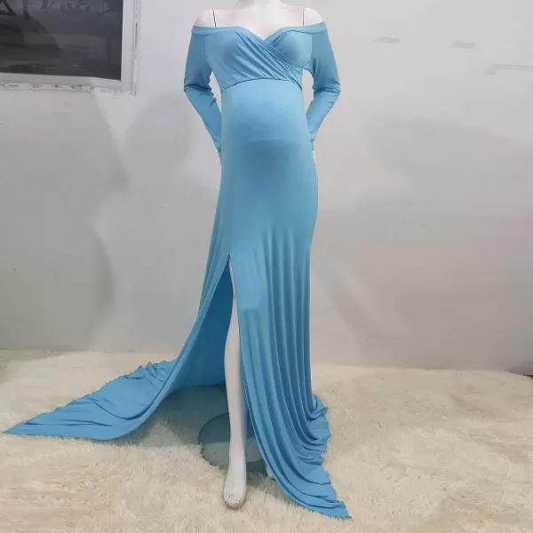 Womens Off Shoulder Maternity Dress CrossFront V Neck Sleeveless Casual Photography Maxi Split Gown for PhotoshootLight Blue Long Sleeve