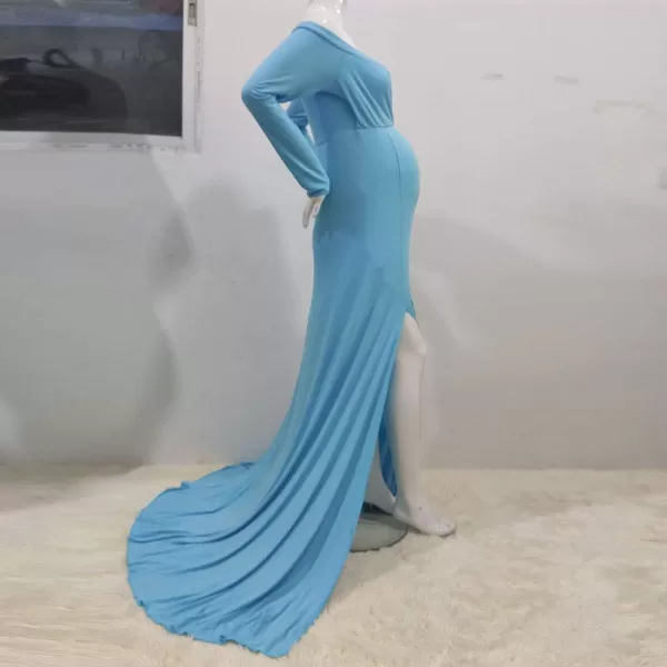 Womens Off Shoulder Maternity Dress CrossFront V Neck Sleeveless Casual Photography Maxi Split Gown for PhotoshootLight Blue Long Sleeve