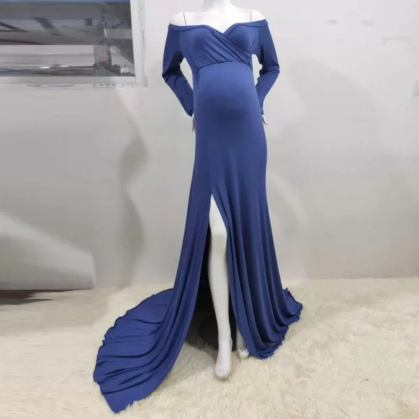 Womens Off Shoulder Maternity Dress CrossFront V Neck Sleeveless Casual Photography Maxi Split Gown for PhotoshootNavy Blue Long Sleeve