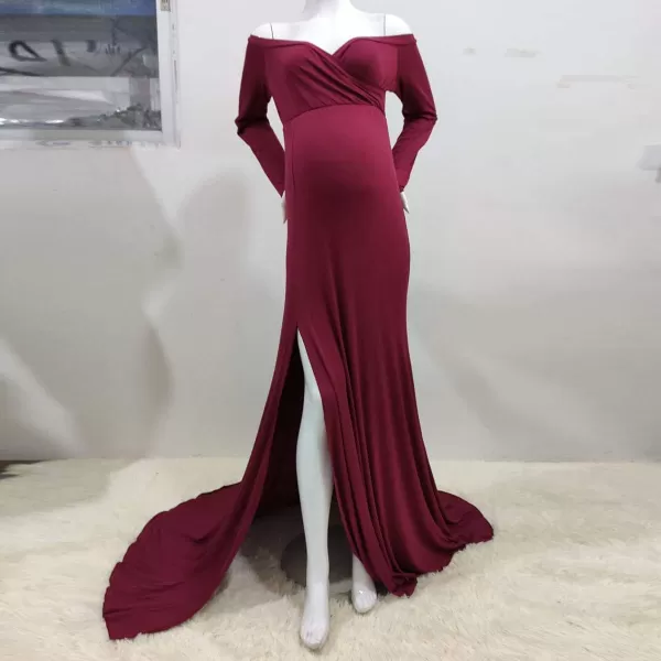 Womens Off Shoulder Maternity Dress CrossFront V Neck Sleeveless Casual Photography Maxi Split Gown for PhotoshootWine Red Long Sleeve