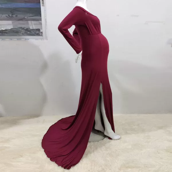 Womens Off Shoulder Maternity Dress CrossFront V Neck Sleeveless Casual Photography Maxi Split Gown for PhotoshootWine Red Long Sleeve