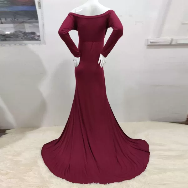 Womens Off Shoulder Maternity Dress CrossFront V Neck Sleeveless Casual Photography Maxi Split Gown for PhotoshootWine Red Long Sleeve