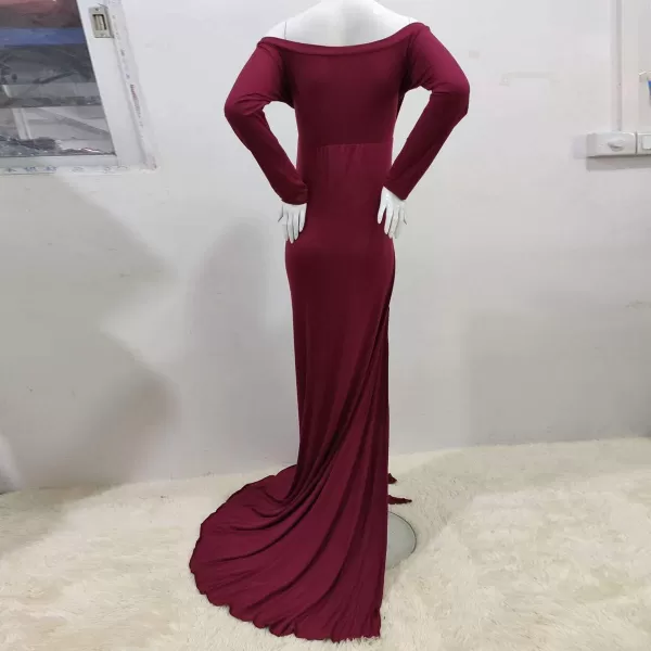 Womens Off Shoulder Maternity Dress CrossFront V Neck Sleeveless Casual Photography Maxi Split Gown for PhotoshootWine Red Long Sleeve