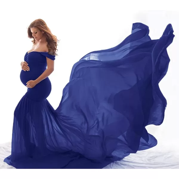 Womens Off Shoulder Maternity Dress Mermaid Chiffon Gown Maxi Photography Dress for Photoshoot Baby Shower WeddingDark Blue