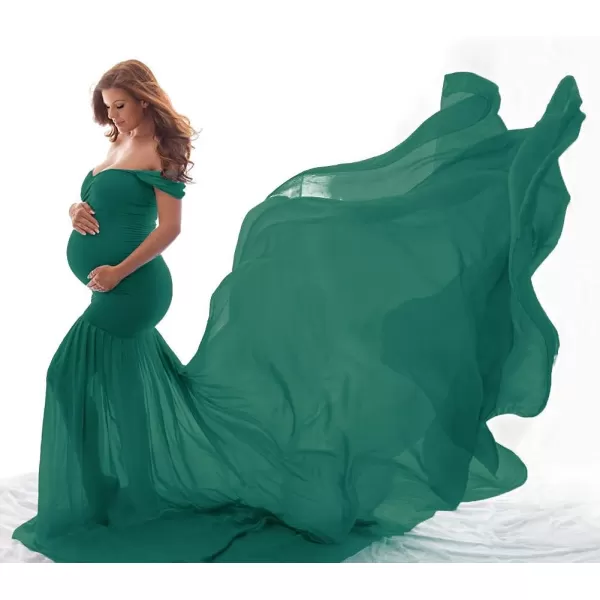 Womens Off Shoulder Maternity Dress Mermaid Chiffon Gown Maxi Photography Dress for Photoshoot Baby Shower WeddingDark Green