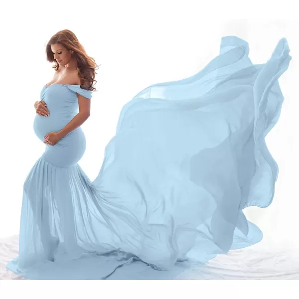 Womens Off Shoulder Maternity Dress Mermaid Chiffon Gown Maxi Photography Dress for Photoshoot Baby Shower WeddingLight Blue