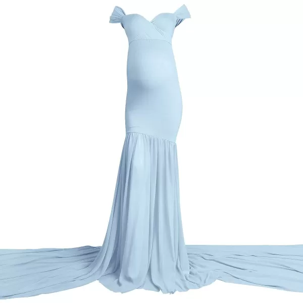 Womens Off Shoulder Maternity Dress Mermaid Chiffon Gown Maxi Photography Dress for Photoshoot Baby Shower WeddingLight Blue