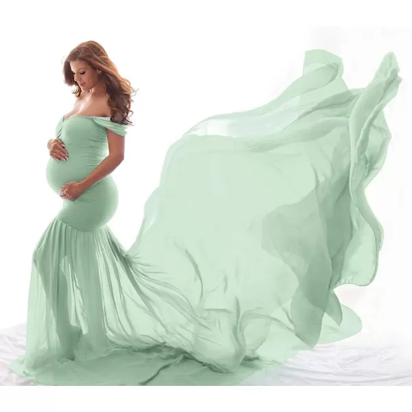 Womens Off Shoulder Maternity Dress Mermaid Chiffon Gown Maxi Photography Dress for Photoshoot Baby Shower WeddingLight Green