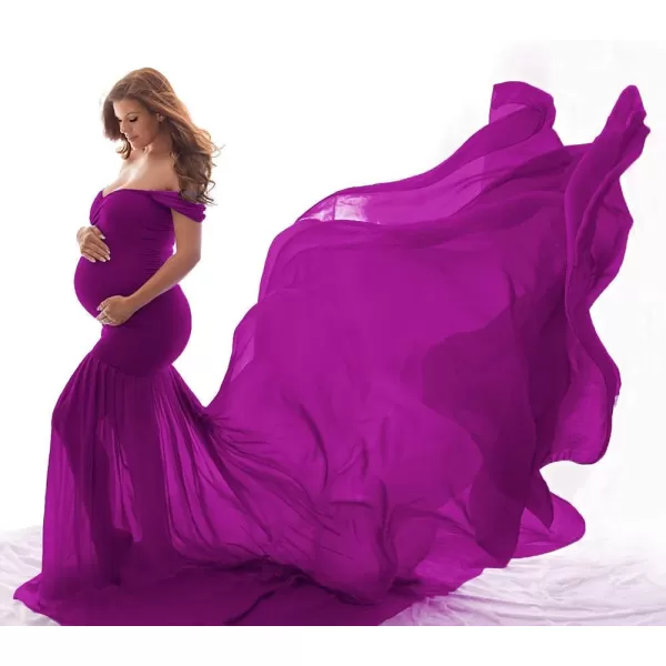 Womens Off Shoulder Maternity Dress Mermaid Chiffon Gown Maxi Photography Dress for Photoshoot Baby Shower WeddingPurple