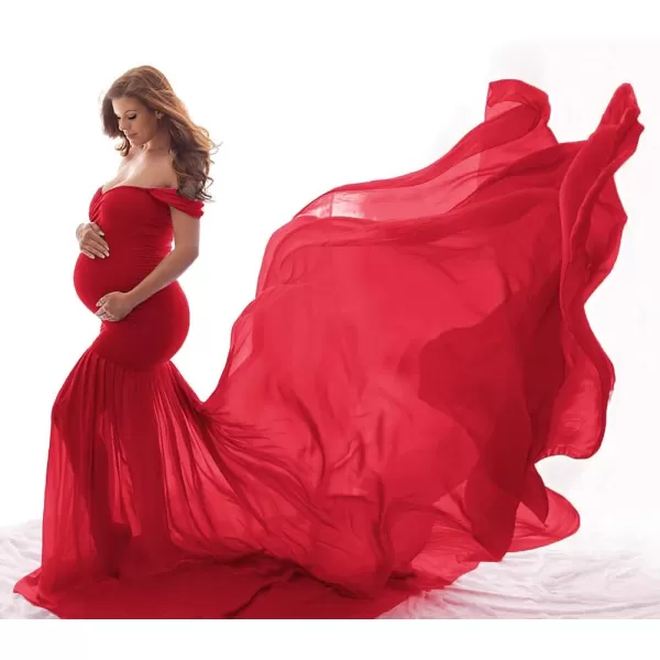 Womens Off Shoulder Maternity Dress Mermaid Chiffon Gown Maxi Photography Dress for Photoshoot Baby Shower WeddingRed