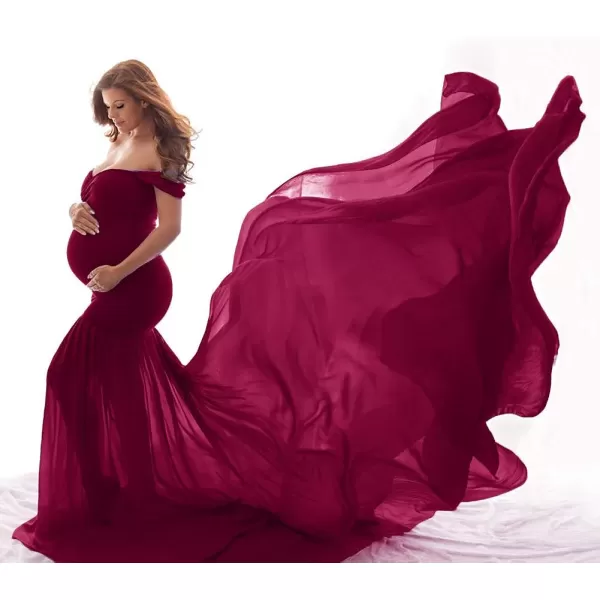 Womens Off Shoulder Maternity Dress Mermaid Chiffon Gown Maxi Photography Dress for Photoshoot Baby Shower WeddingWine Red