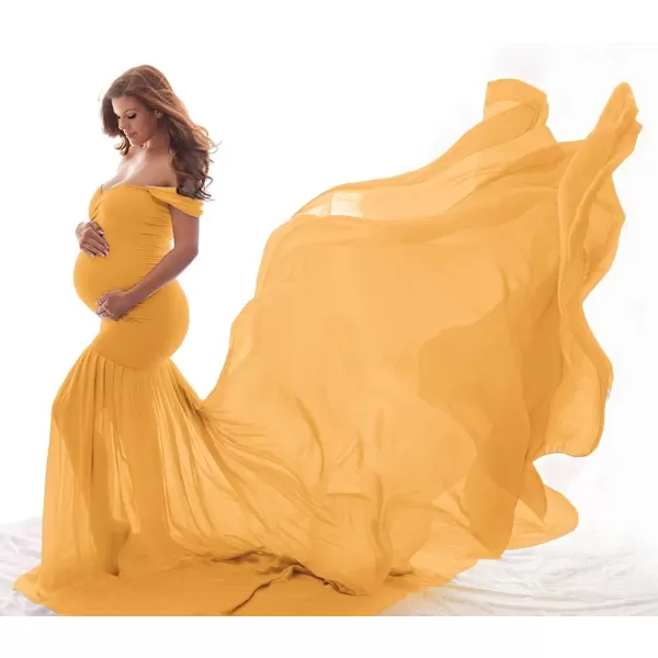 Womens Off Shoulder Maternity Dress Mermaid Chiffon Gown Maxi Photography Dress for Photoshoot Baby Shower WeddingYellow