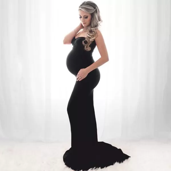 Womens Off Shoulder Strapless Maternity Dress Tube Maxi Photography Dresses Elegant Fitted Mermaid Gown for PhotoshootBlack