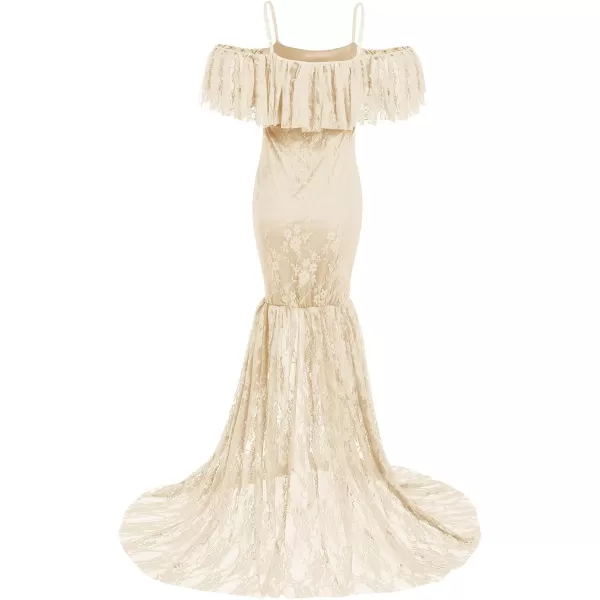 Womens Ruffle Lace Off Shoulder Maternity Dress for Photography Baby Shower Flounce Floral Mermaid Gown for Photo ShootApricot