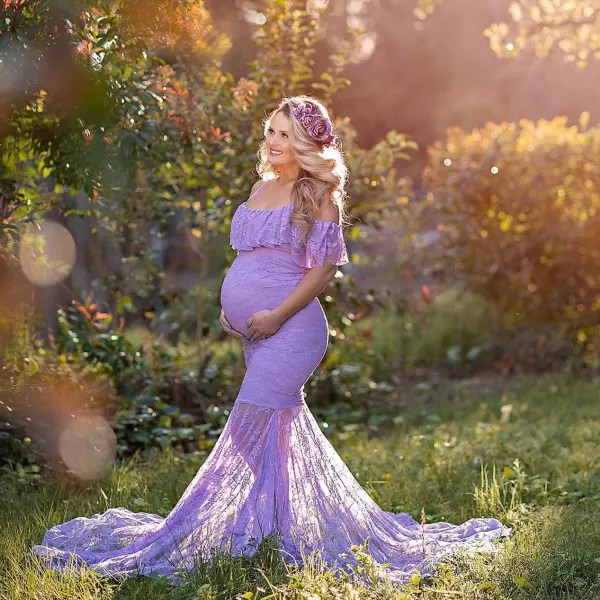 Womens Ruffle Lace Off Shoulder Maternity Dress for Photography Baby Shower Flounce Floral Mermaid Gown for Photo ShootPurple