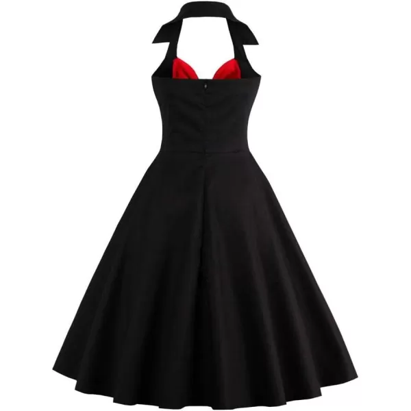 Womens Vintage 1950s Retro Rockabilly Cocktail Evening Party Swing Dress Halter Floral Bowknot Audrey Hupburn DressesBlack