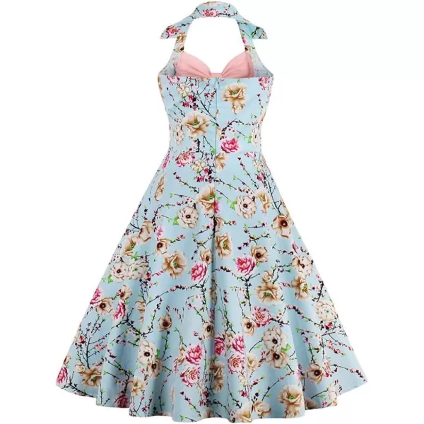 Womens Vintage 1950s Retro Rockabilly Cocktail Evening Party Swing Dress Halter Floral Bowknot Audrey Hupburn DressesPink 1