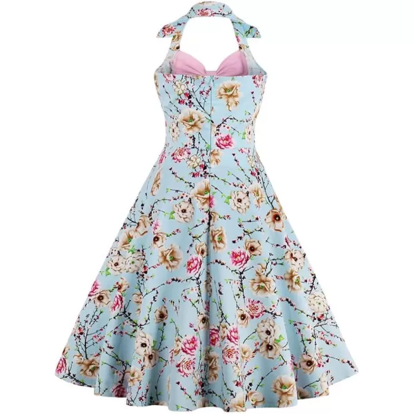 Womens Vintage 1950s Retro Rockabilly Cocktail Evening Party Swing Dress Halter Floral Bowknot Audrey Hupburn DressesPink