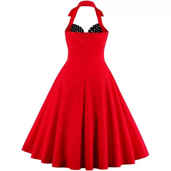 Womens Vintage 1950s Retro Rockabilly Cocktail Evening Party Swing Dress Halter Floral Bowknot Audrey Hupburn DressesRed