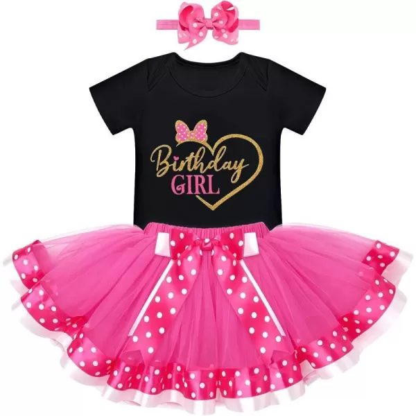 12 1st 2nd Birthday Girl Outfit Baby Romper Polka Dot Tutu Skirt Bowknot Headband Costume for Cake Smash Photo ShootBlack  Hot Pink Heart