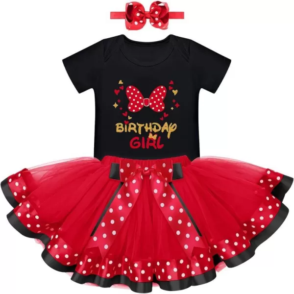 12 1st 2nd Birthday Girl Outfit Baby Romper Polka Dot Tutu Skirt Bowknot Headband Costume for Cake Smash Photo ShootBlack  Red Bow